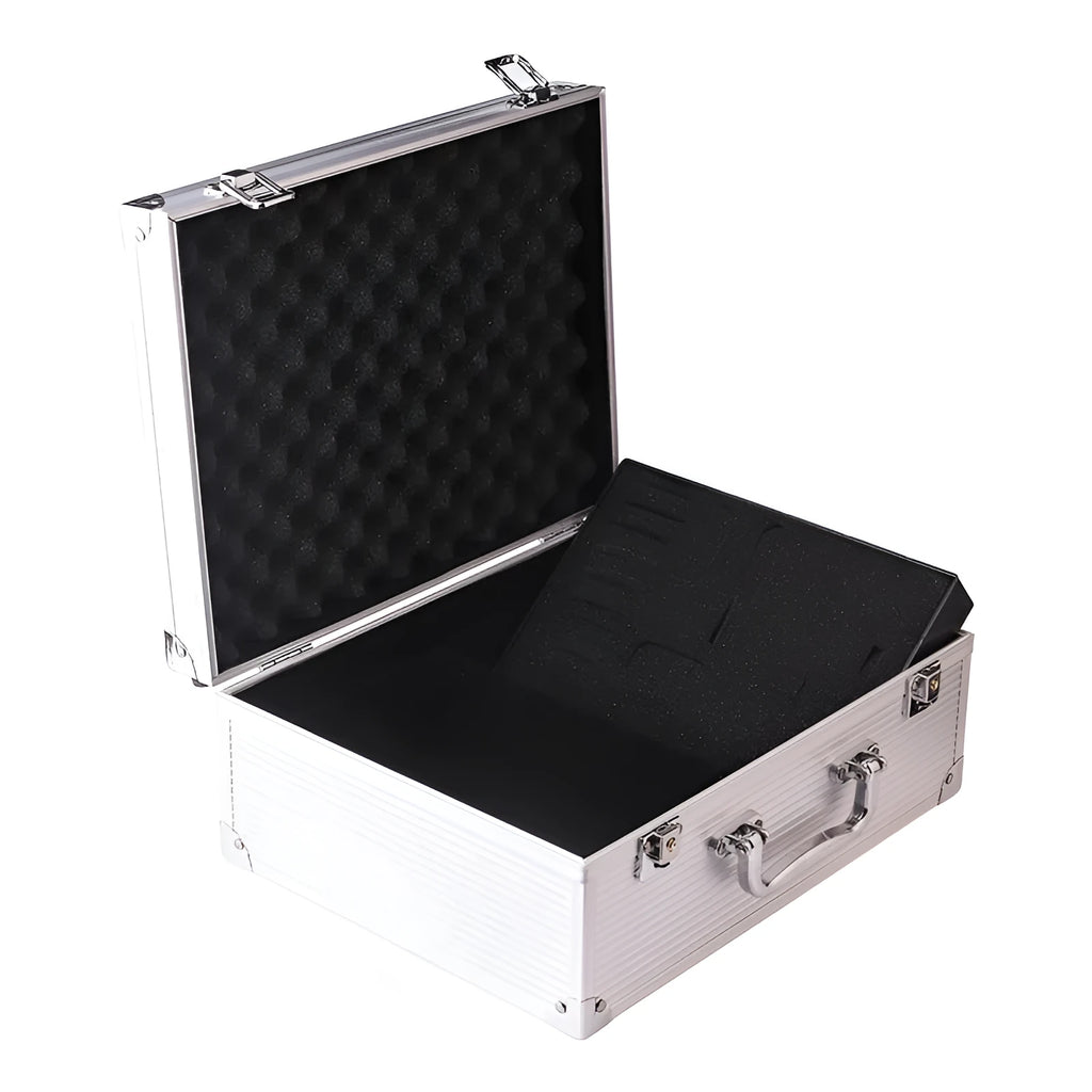 Black aluminium alloy tattoo equipment storage box for organising needles and inks.