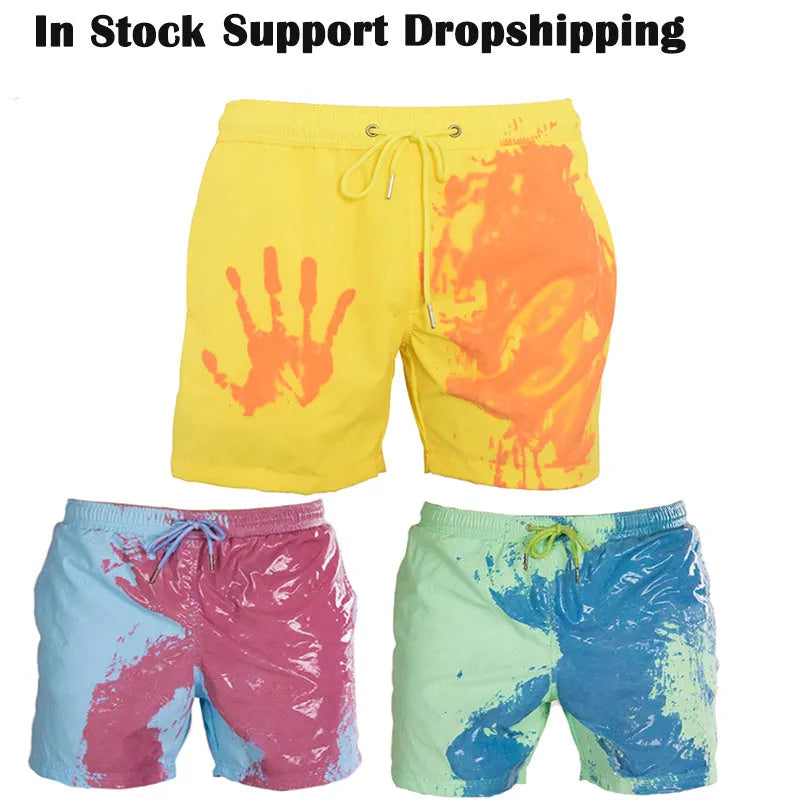 Colour-changing men's beach shorts with quick-dry polyester fabric and drawstring waist