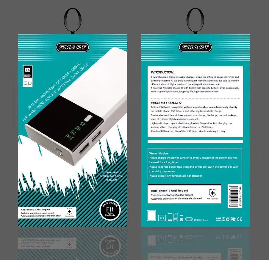Black 20000mAh portable power bank with included USB charging cable