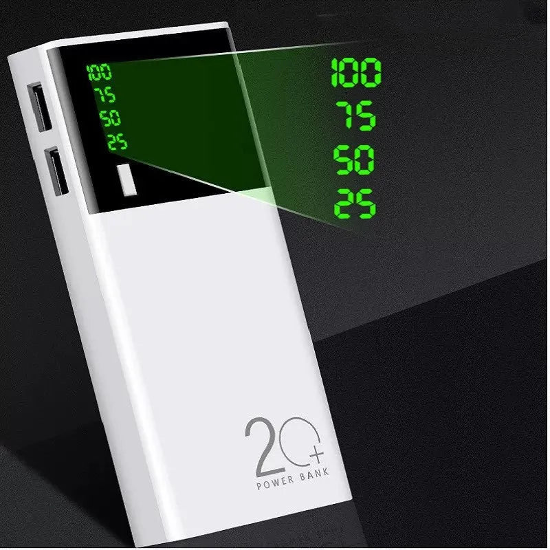 Black 20000mAh portable power bank with included USB charging cable