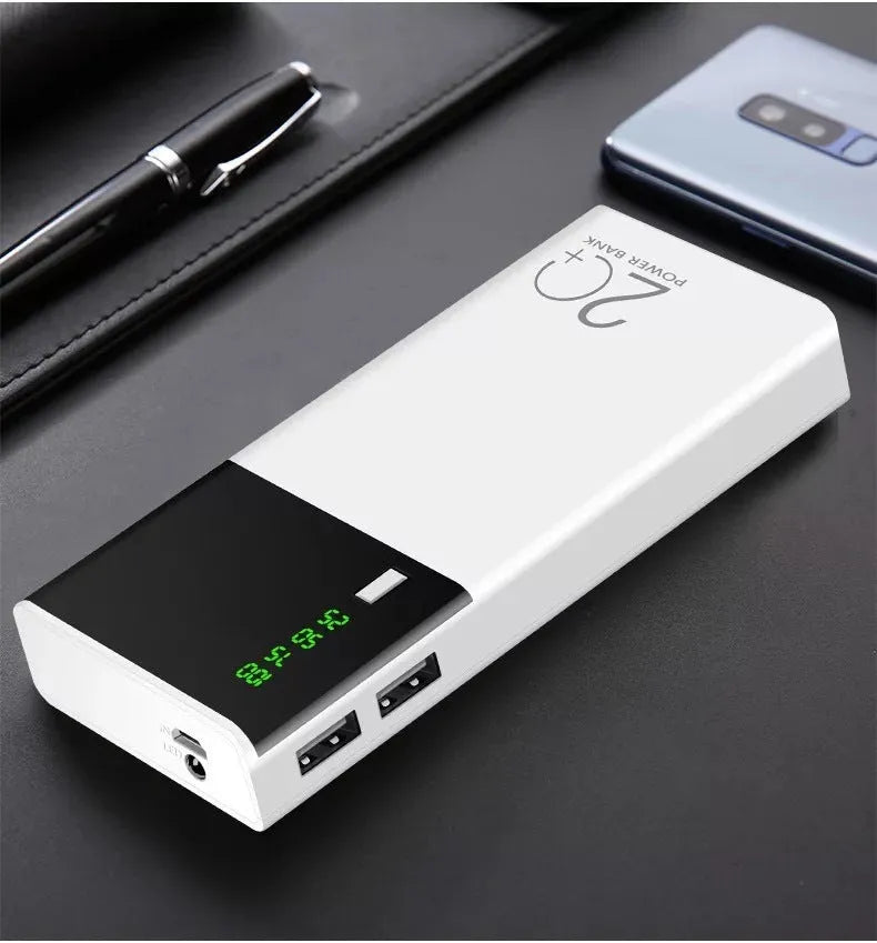 Black 20000mAh portable power bank with included USB charging cable