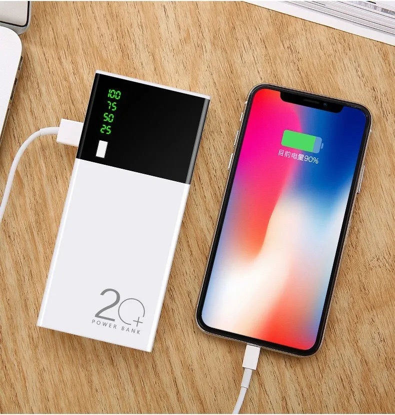 Black 20000mAh portable power bank with included USB charging cable