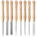 Eight chrome vanadium steel woodturning tools mounted inside a wooden storage box.