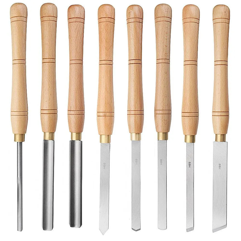 Eight chrome vanadium steel woodturning tools mounted inside a wooden storage box.