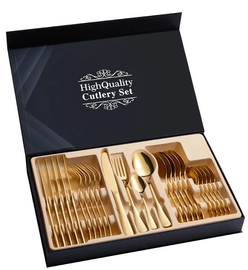 24-piece stainless steel cutlery set with mirror polish, includes steak knife and fork, five colour options