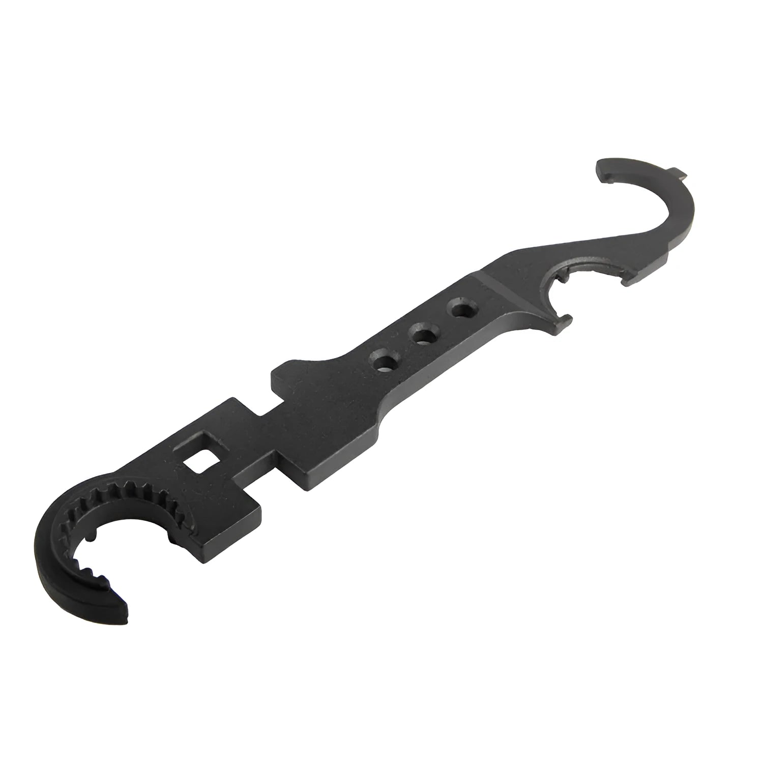 Black all-steel combination wrench for AR15 and M4 rifle maintenance on a workshop bench.