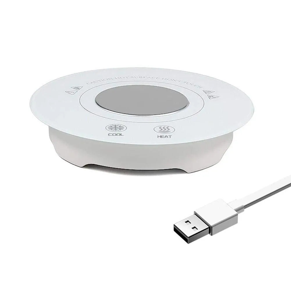 Black and white hot and cold beverage coaster with USB cable showing tempered glass surface
