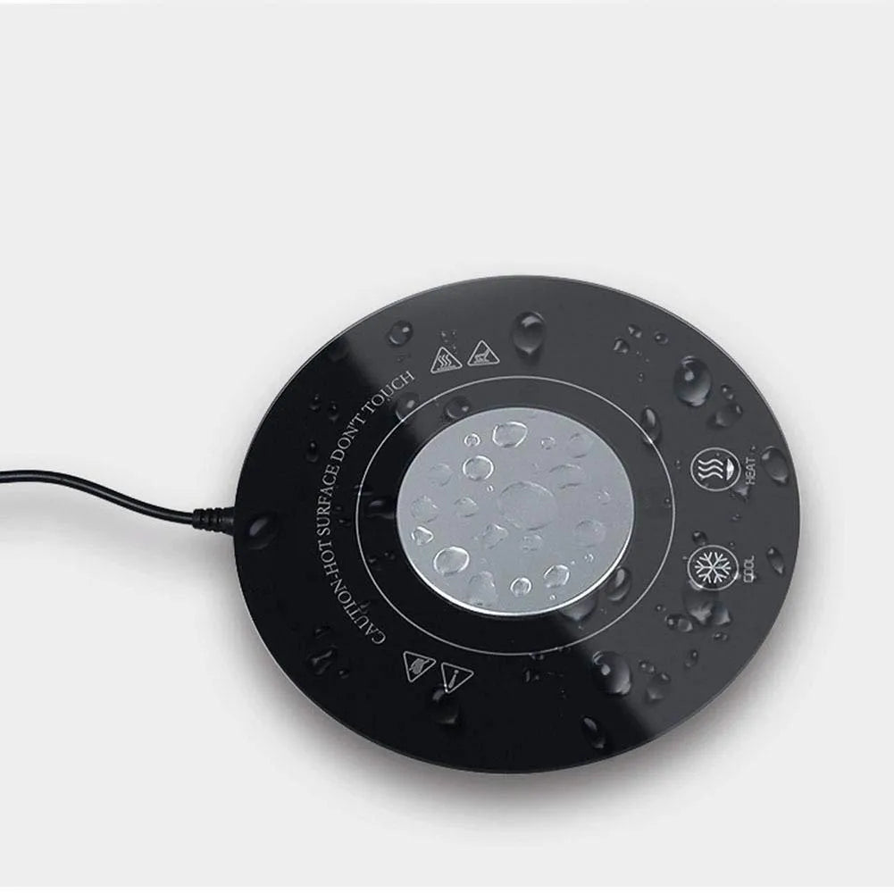Black and white hot and cold beverage coaster with USB cable showing tempered glass surface