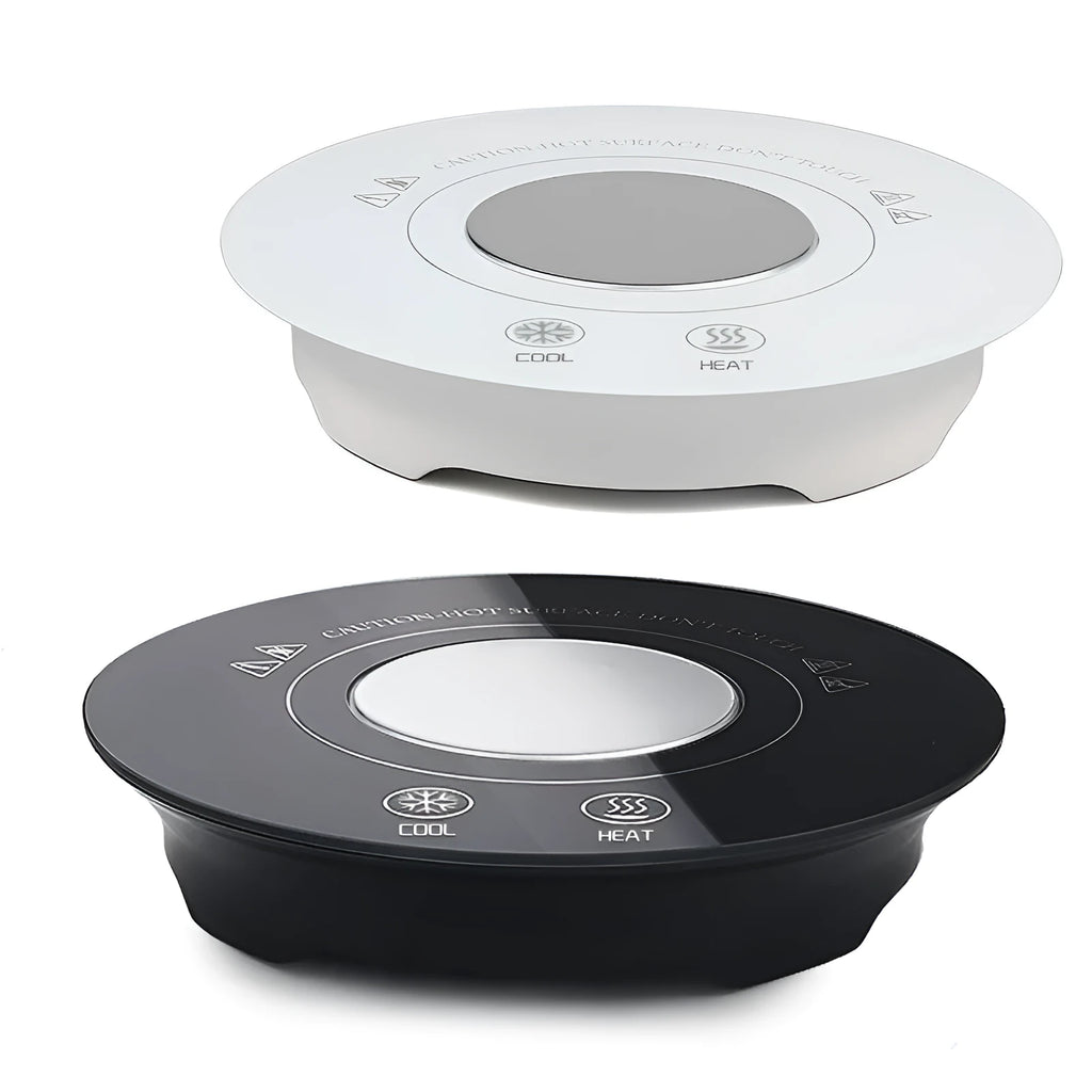 Black and white hot and cold beverage coaster with USB cable showing tempered glass surface