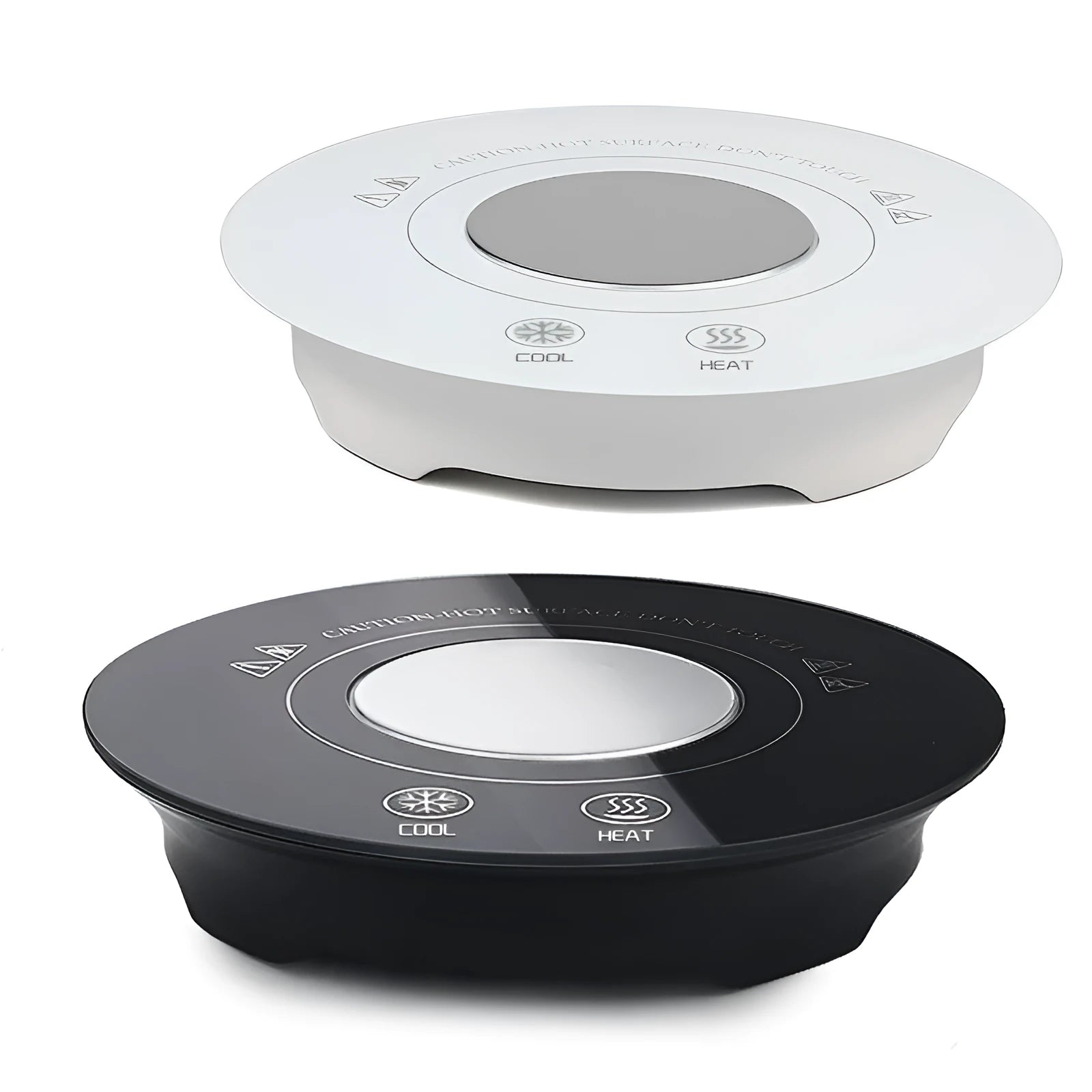 Black and white hot and cold beverage coaster with USB cable showing tempered glass surface