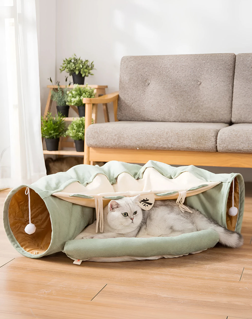 Collapsible cloth cat tunnel in Bar, Coffee, Matcha and Pink colour options