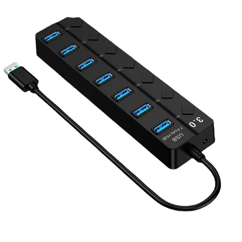 Black 7-port USB 3.0 hub with external power supply unit for desktop computer expansion
