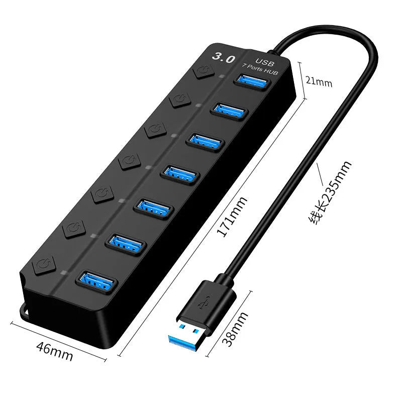 Black 7-port USB 3.0 hub with external power supply unit for desktop computer expansion