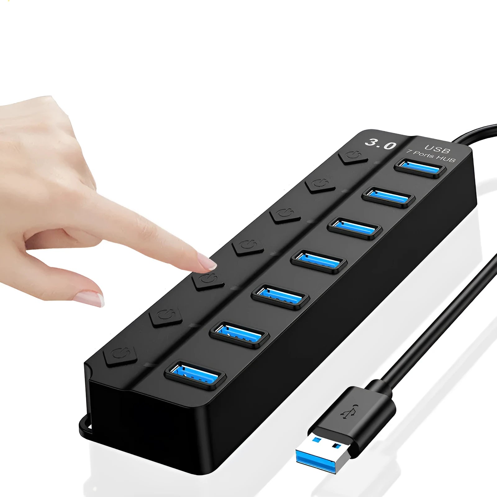 Black 7-port USB 3.0 hub with external power supply unit for desktop computer expansion