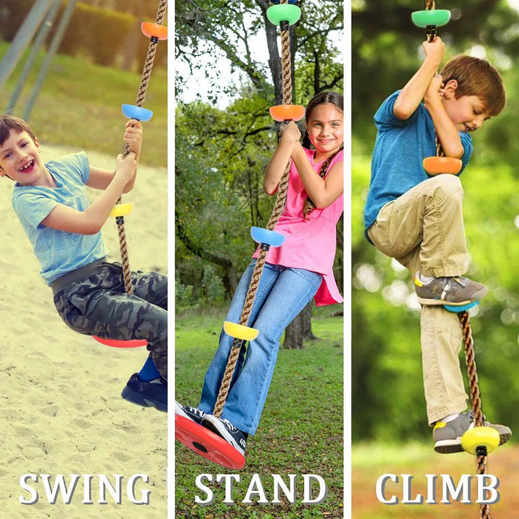 Plastic children's swing set with four colourful platforms on a climbing rope in a backyard