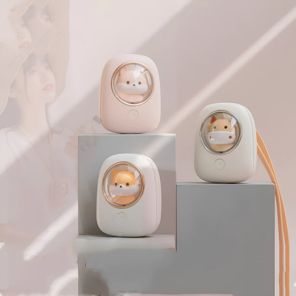 White squirrel design handheld neck fan showing USB port and mechanical controls