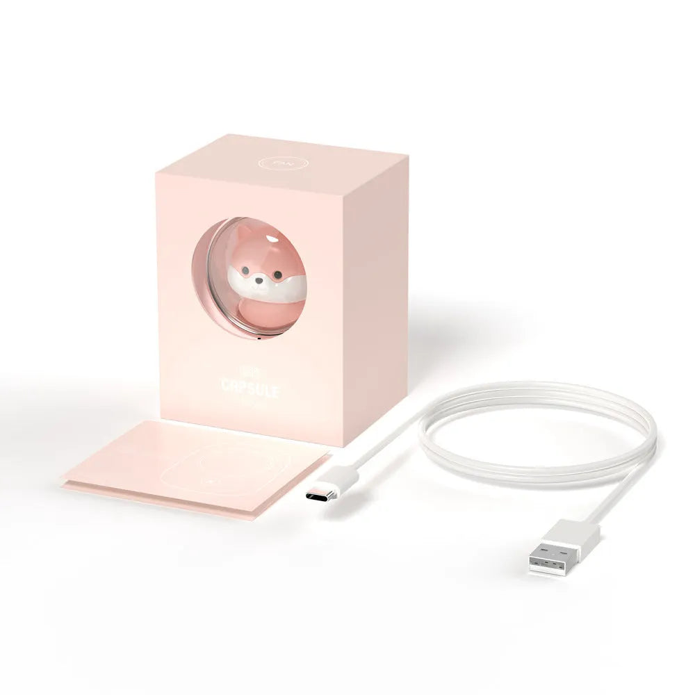 White squirrel design handheld neck fan showing USB port and mechanical controls