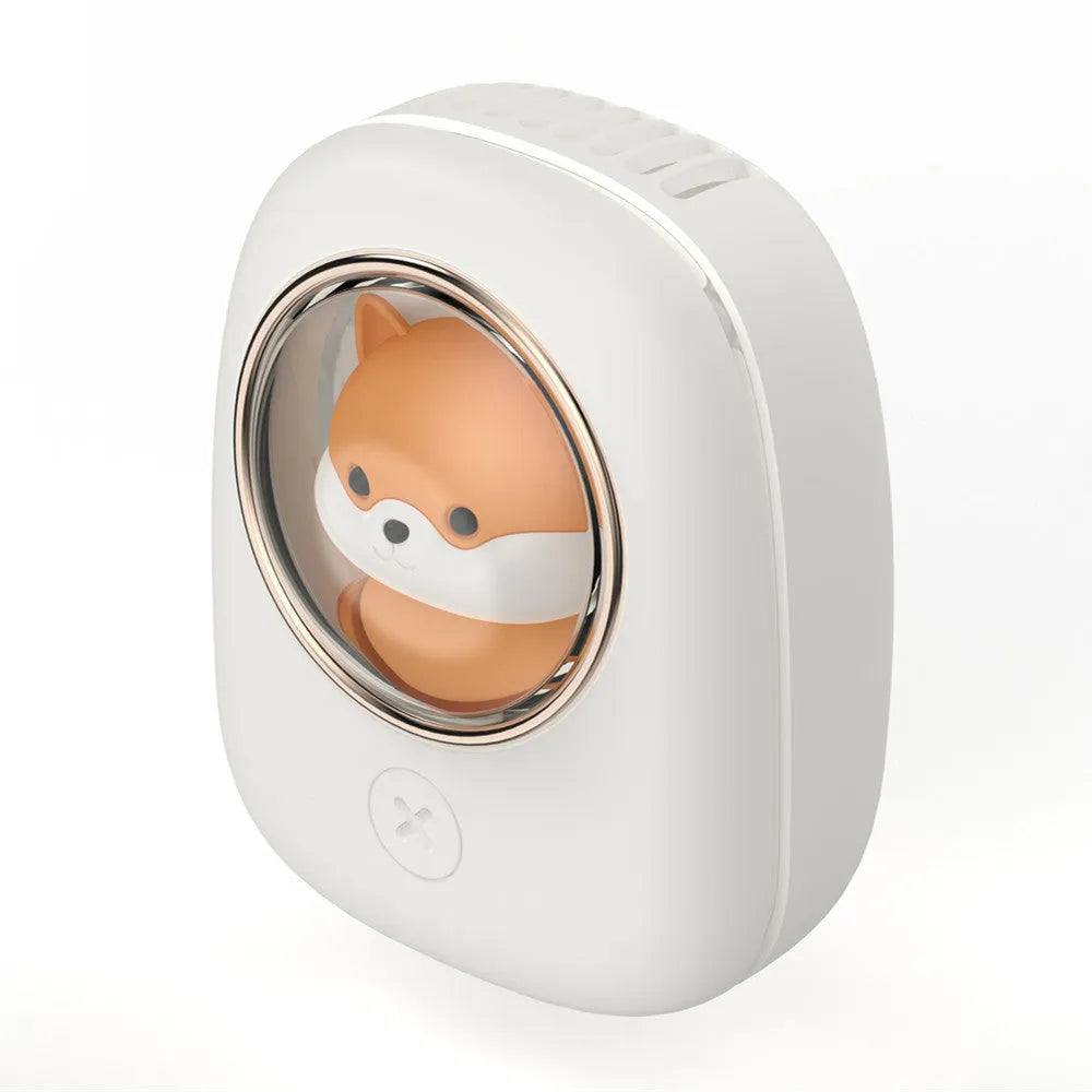 White squirrel design handheld neck fan showing USB port and mechanical controls