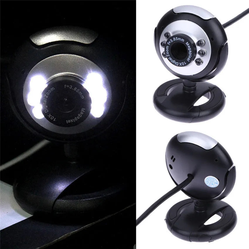 USB computer webcam with six built-in white LED lights and a manual dimming switch.