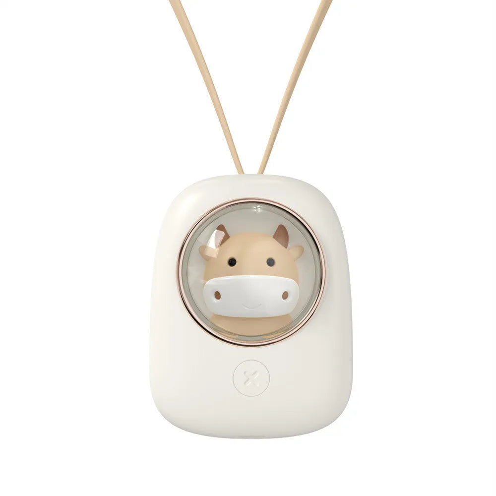 White squirrel design handheld neck fan showing USB port and mechanical controls