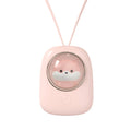 White squirrel design handheld neck fan showing USB port and mechanical controls