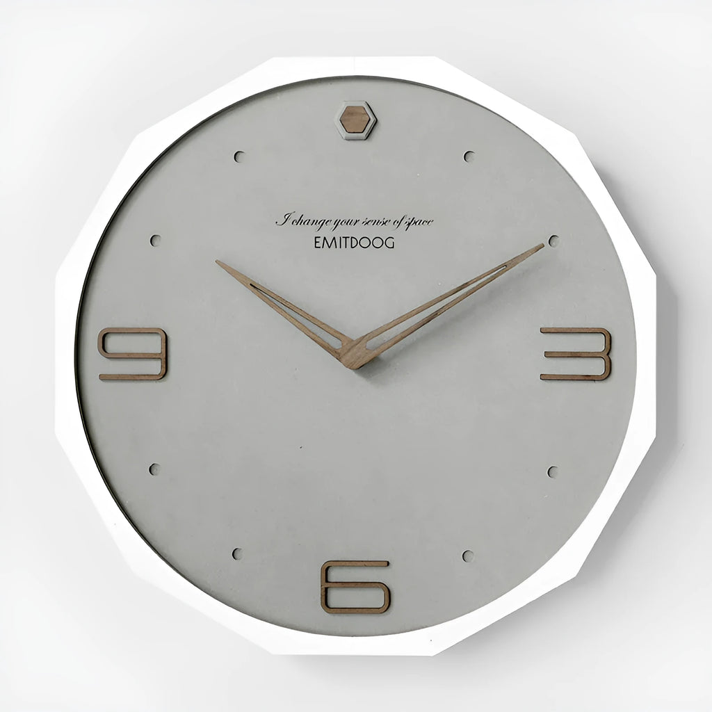 12 inch round Nordic minimalist wall clock with free-perforated Geralt mirror face on a wall