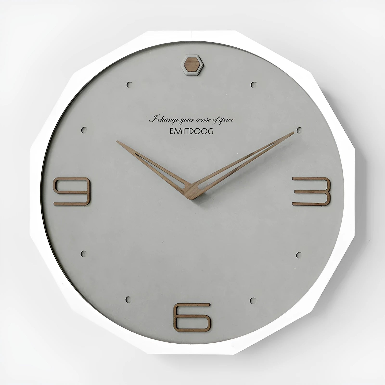 12 inch round Nordic minimalist wall clock with free-perforated Geralt mirror face on a wall
