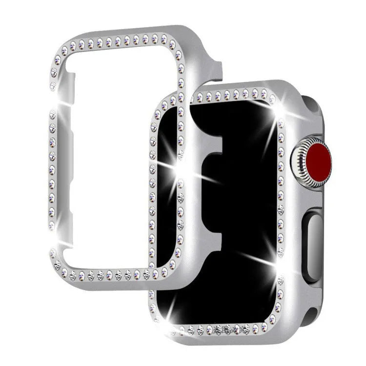 Aluminium alloy diamond protective case for Apple Watch in silver, black, rose gold, rose pink, and gold colours.