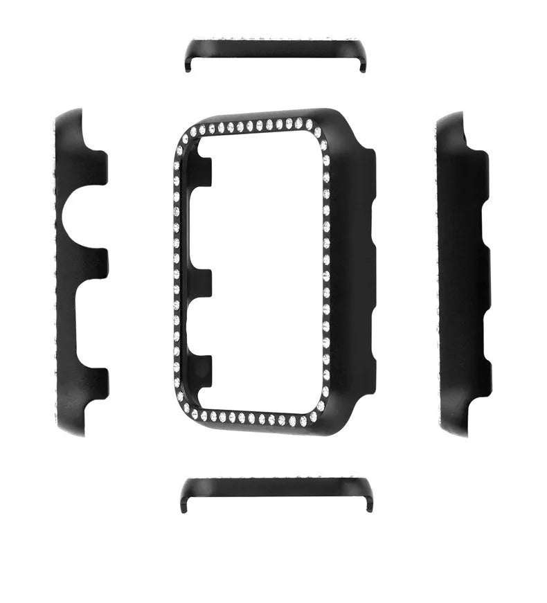 Aluminium alloy diamond protective case for Apple Watch in silver, black, rose gold, rose pink, and gold colours.