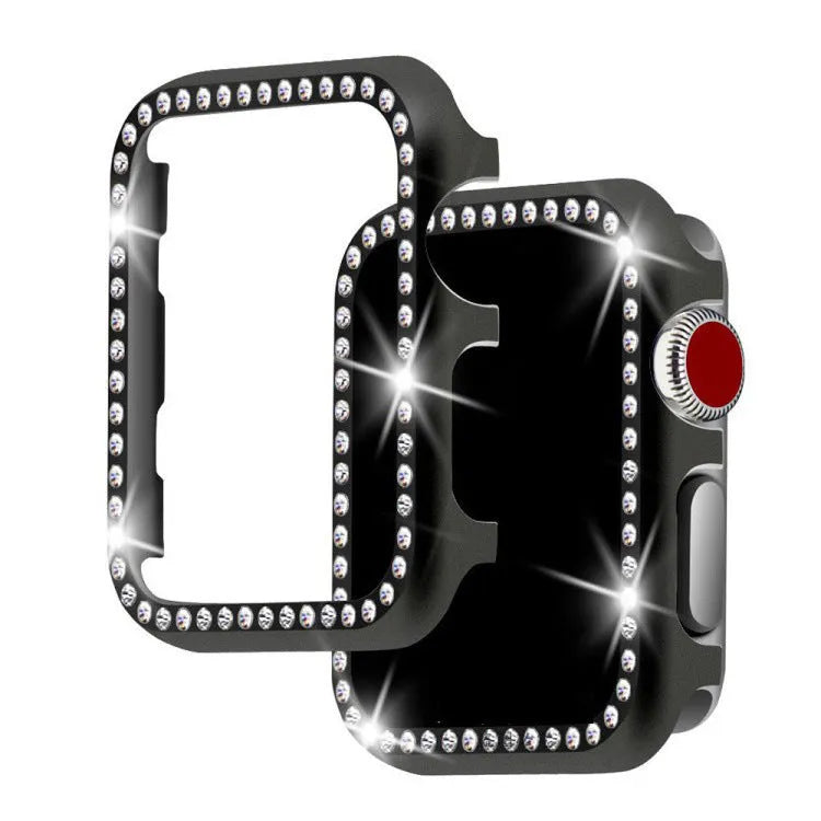 Aluminium alloy diamond protective case for Apple Watch in silver, black, rose gold, rose pink, and gold colours.