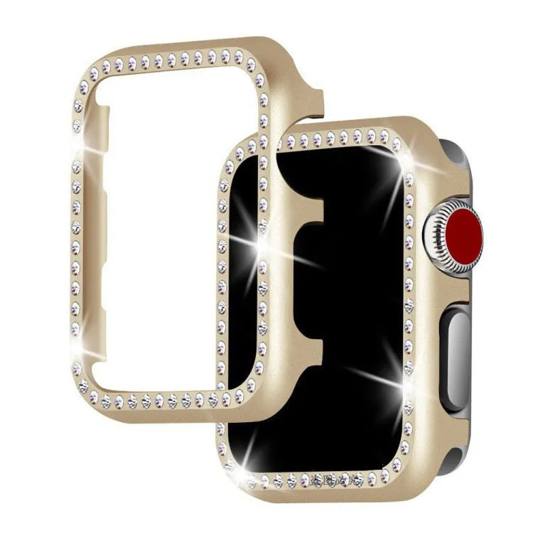 Aluminium alloy diamond protective case for Apple Watch in silver, black, rose gold, rose pink, and gold colours.
