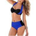 Women's halter high waist bikini swimwear with steel support chest pad in blue black colour
