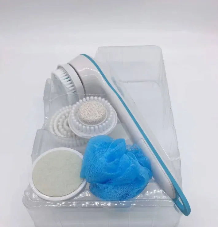 White and grey electric spin spa brush with ergonomic handle on bathroom tile surface
