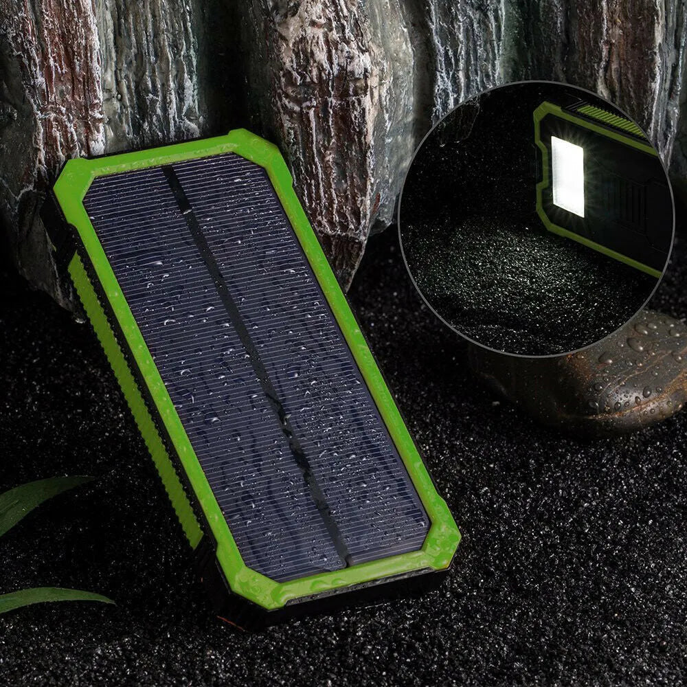 Orange 20000mAh solar power bank showing solar panel and multiple USB ports.