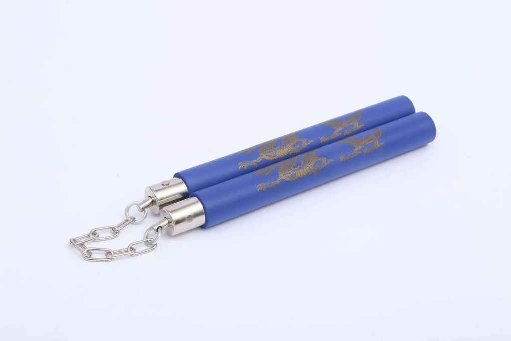 Red sponge nunchaku with two foam-covered sticks connected by a metal chain on a white background.