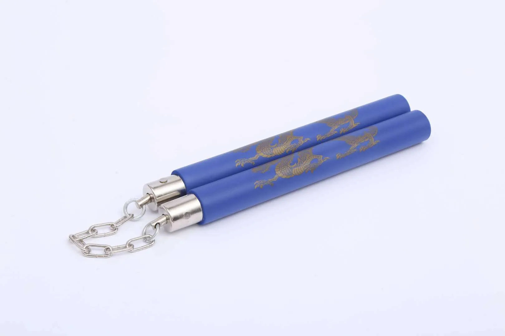 Red sponge nunchaku with two foam-covered sticks connected by a metal chain on a white background.