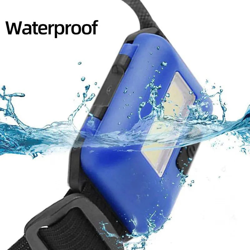 Compact outdoor mini COB LED headlight with adjustable polyester strap in black, blue, or red colour.