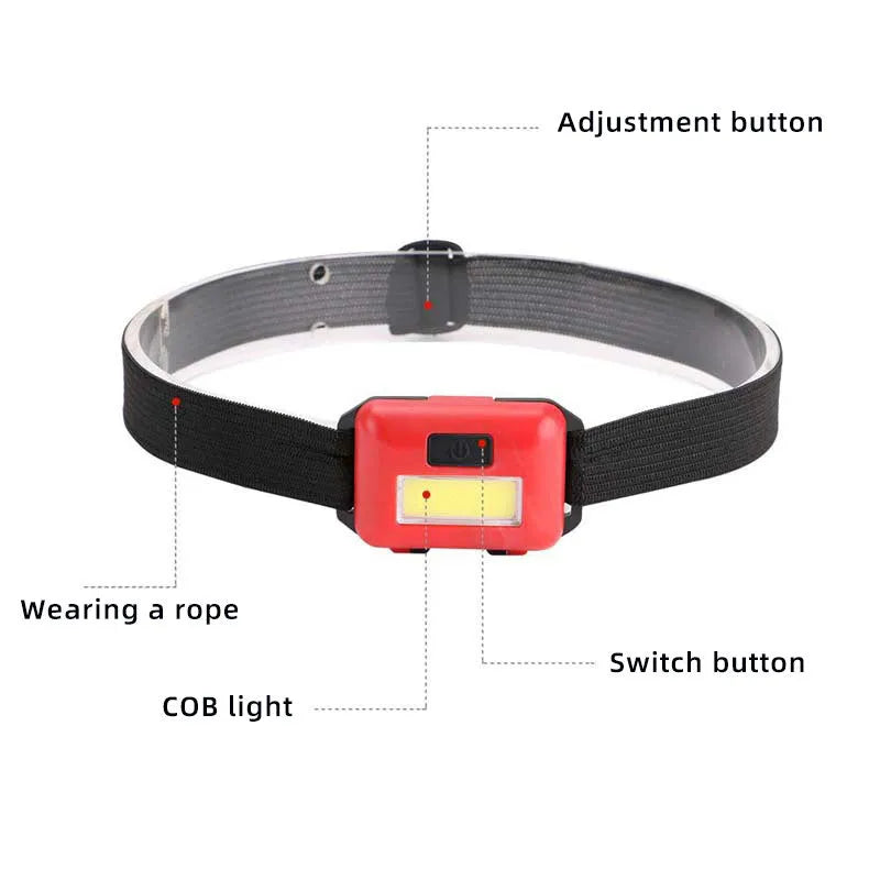Compact outdoor mini COB LED headlight with adjustable polyester strap in black, blue, or red colour.
