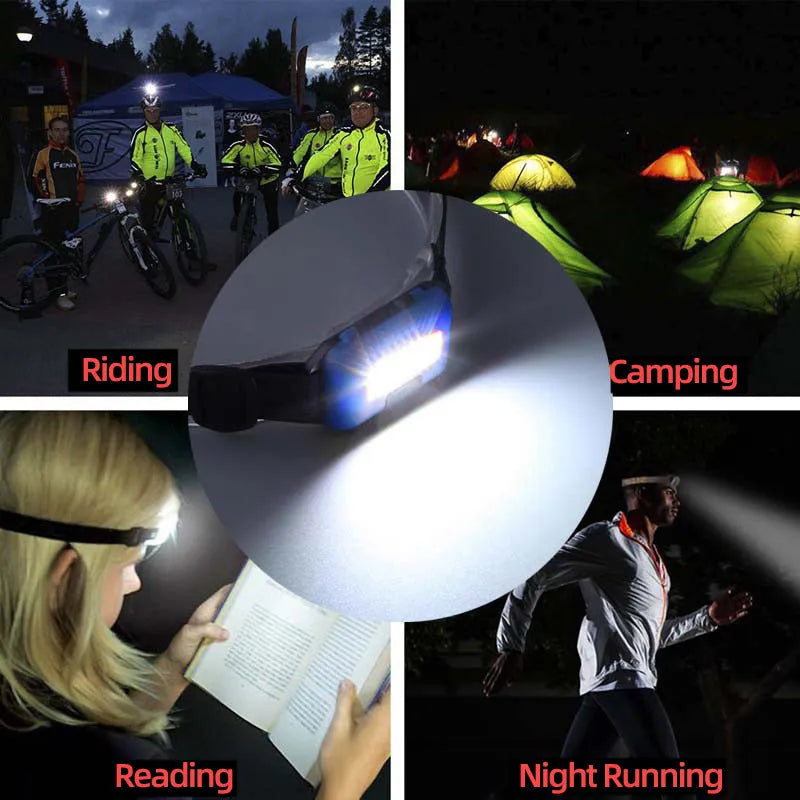 Compact outdoor mini COB LED headlight with adjustable polyester strap in black, blue, or red colour.