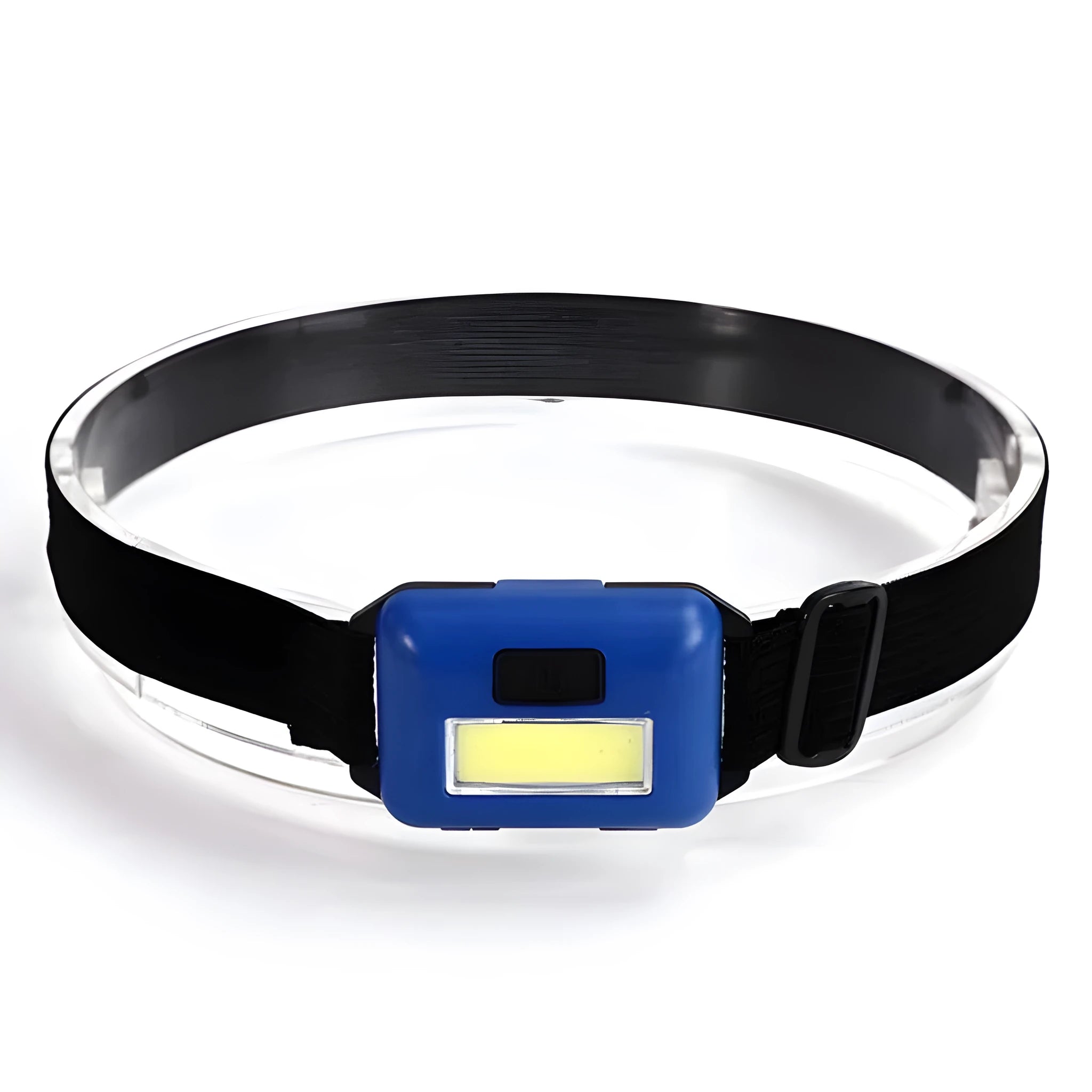 Compact outdoor mini COB LED headlight with adjustable polyester strap in black, blue, or red colour.