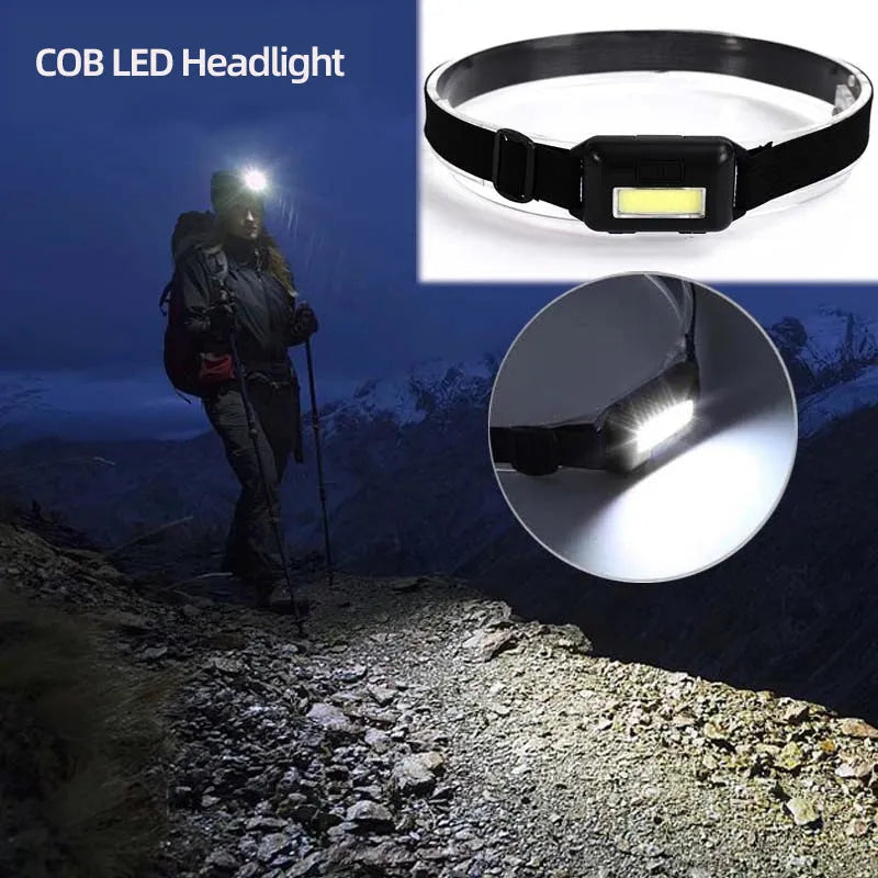 Compact outdoor mini COB LED headlight with adjustable polyester strap in black, blue, or red colour.