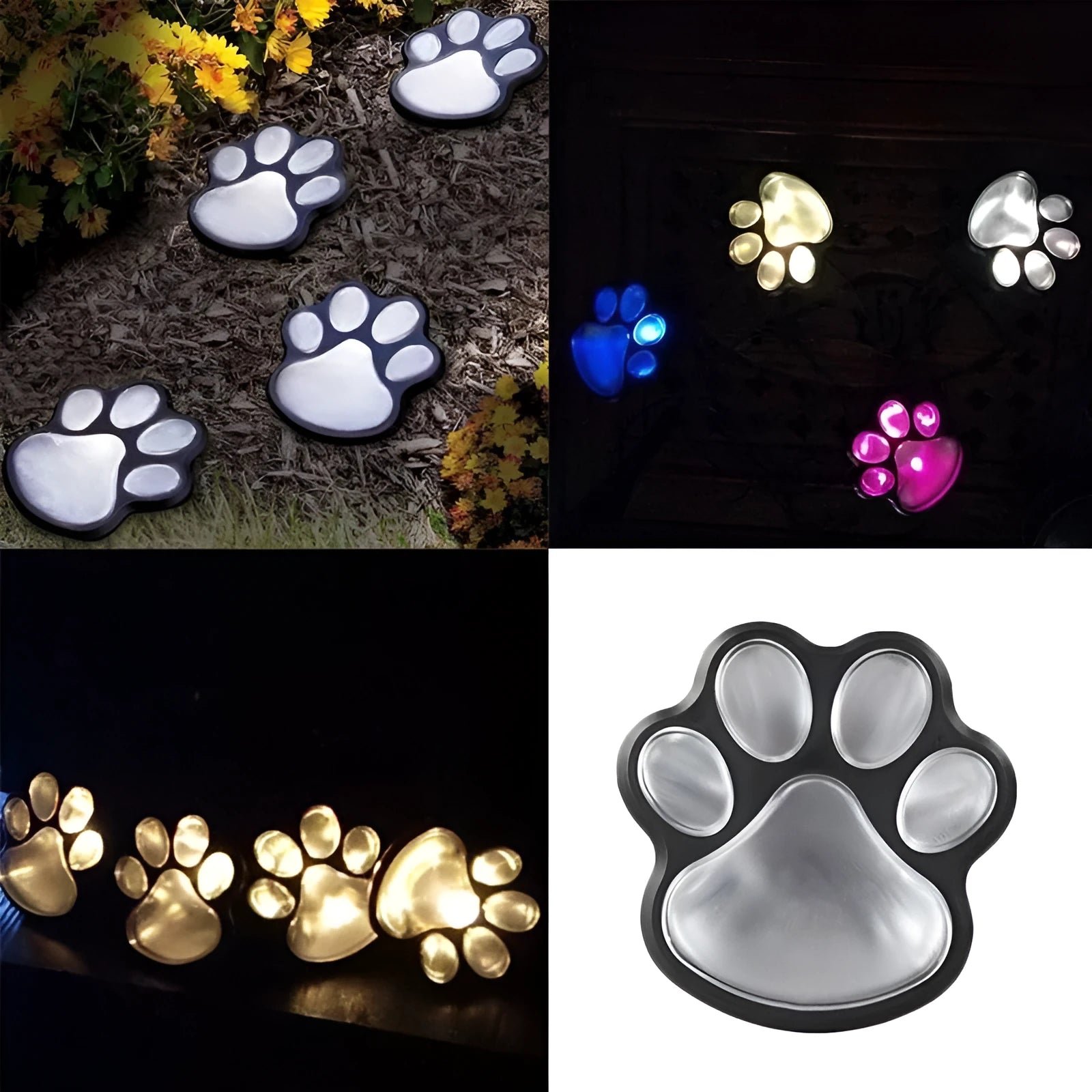 Set of four black solar-powered bear paw print LED garden lights with central solar panel pole.