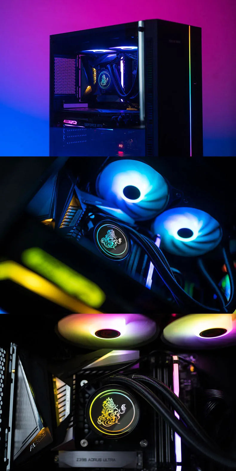 Kirin 240 CPU water cooling radiator with colourful ARGB lighting and aluminium-copper construction