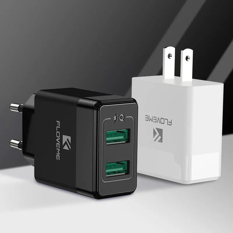 Black and white travel charger with European and American plugs for mobile phone charging