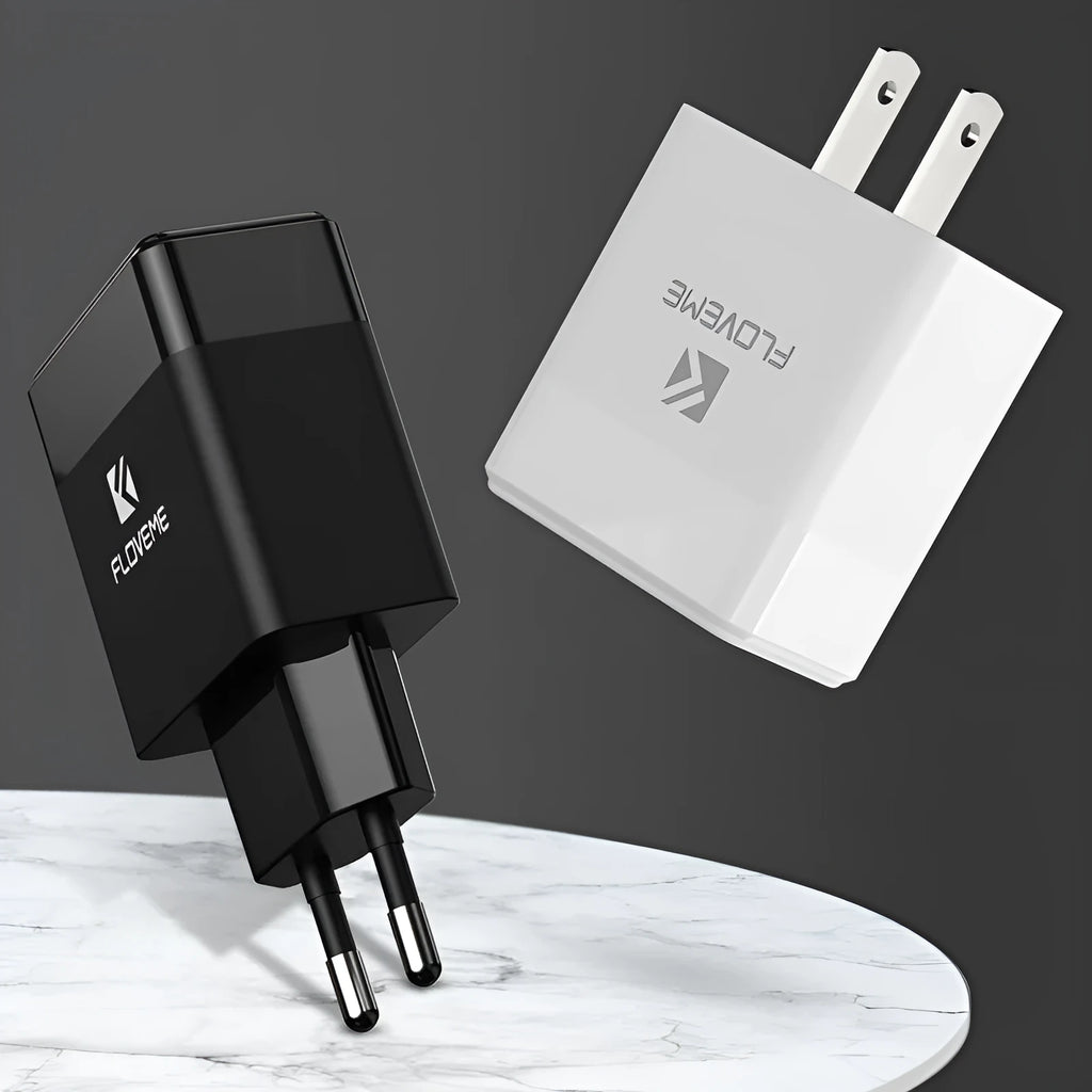 Black and white travel charger with European and American plugs for mobile phone charging