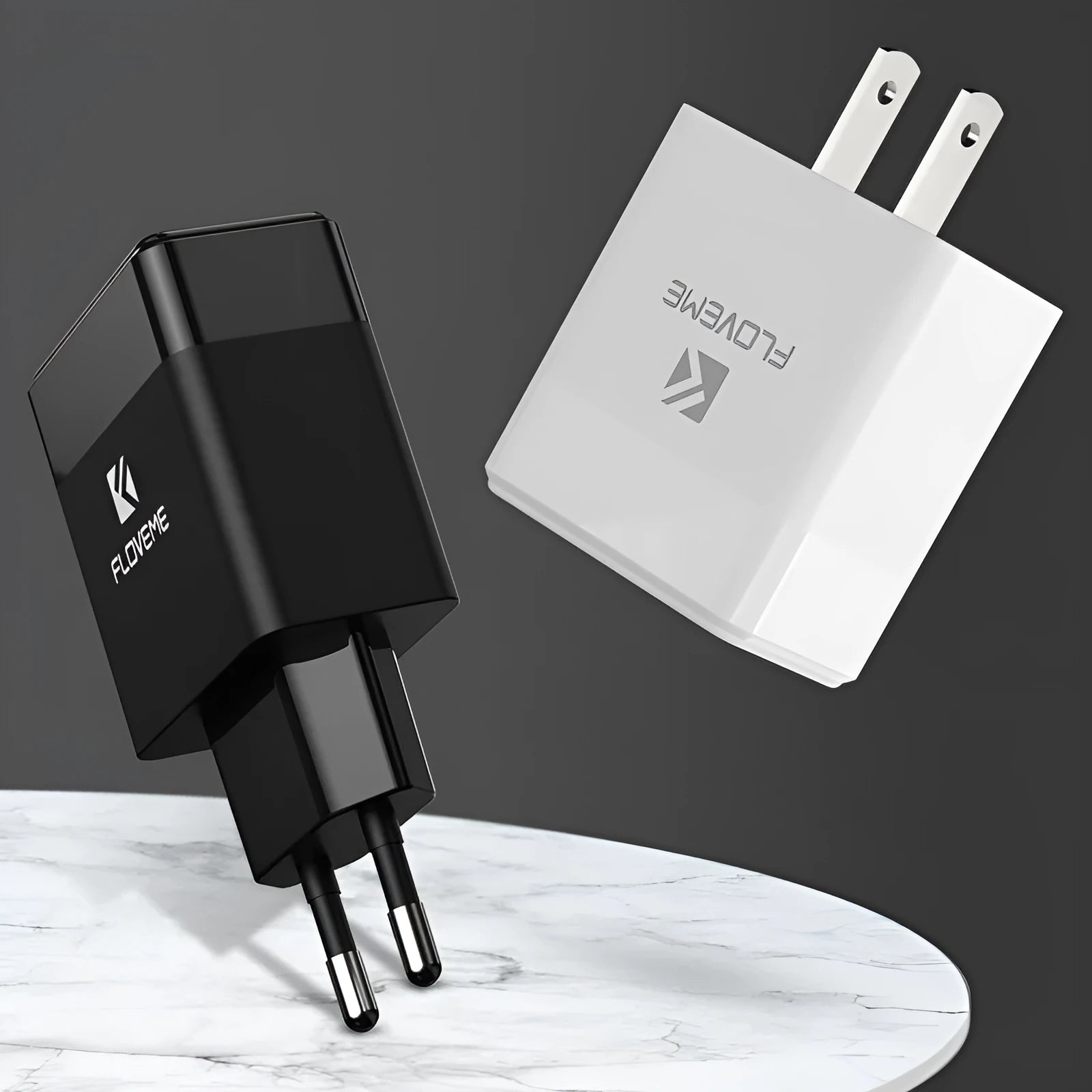 Black and white travel charger with European and American plugs for mobile phone charging