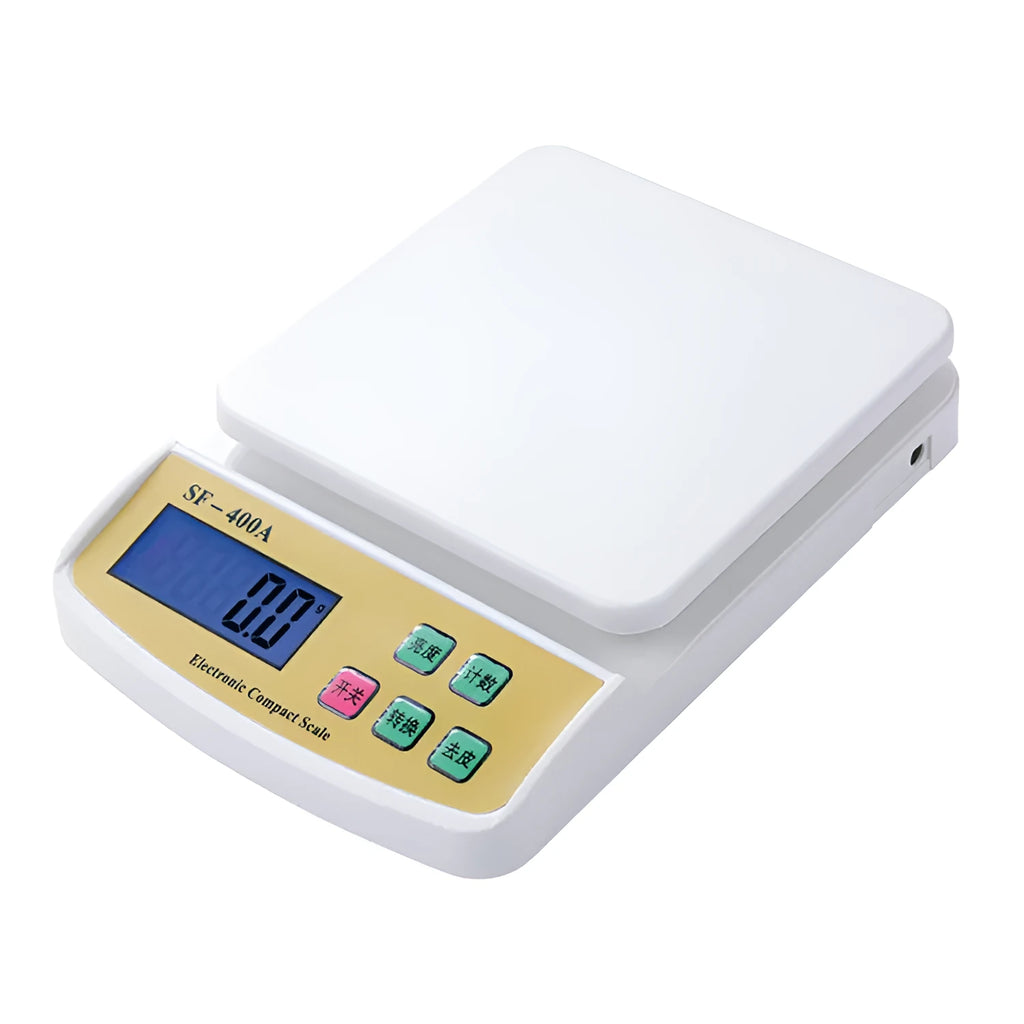 SF-400A electronic kitchen digital scale with 10kg capacity, shown on a kitchen worktop.