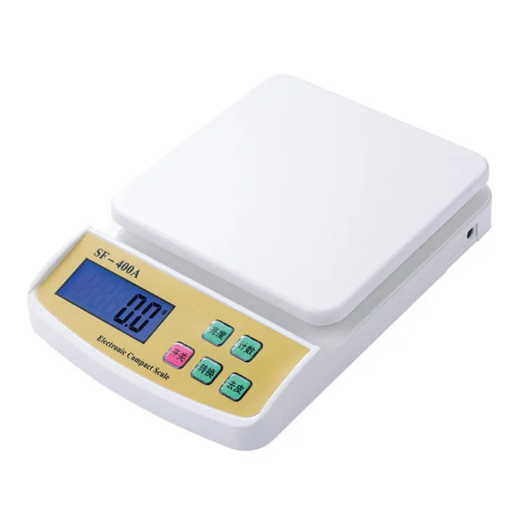 SF-400A electronic kitchen digital scale with 10kg capacity, shown on a kitchen worktop.