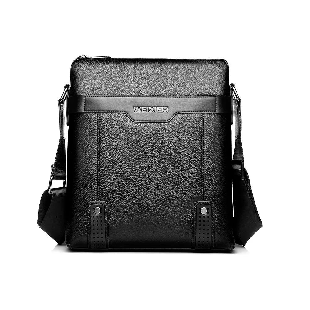 Men's black PU leather casual shoulder bag with a zipper and single strap