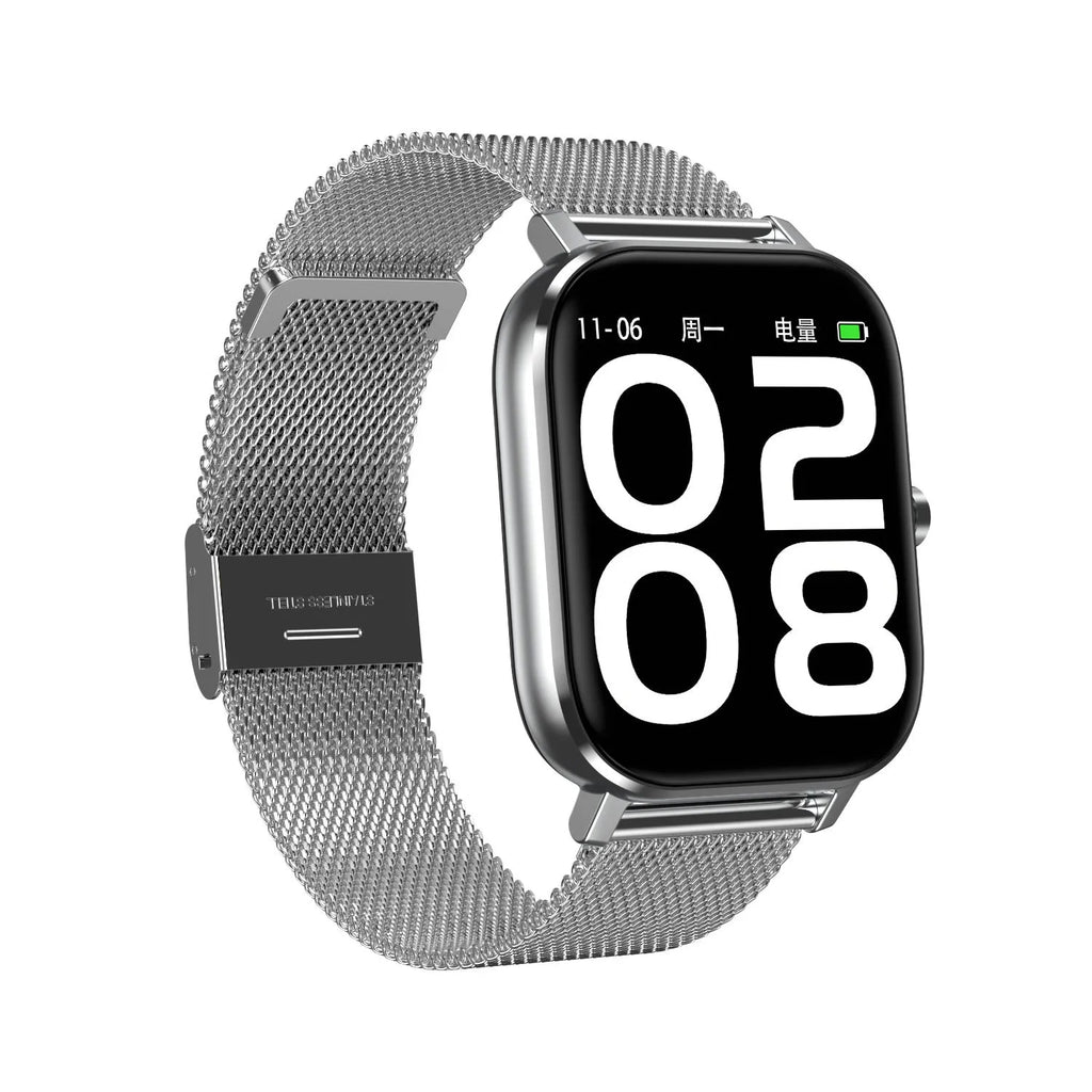 Smart bracelet with touchscreen displaying health metrics on wrist with silicone strap option